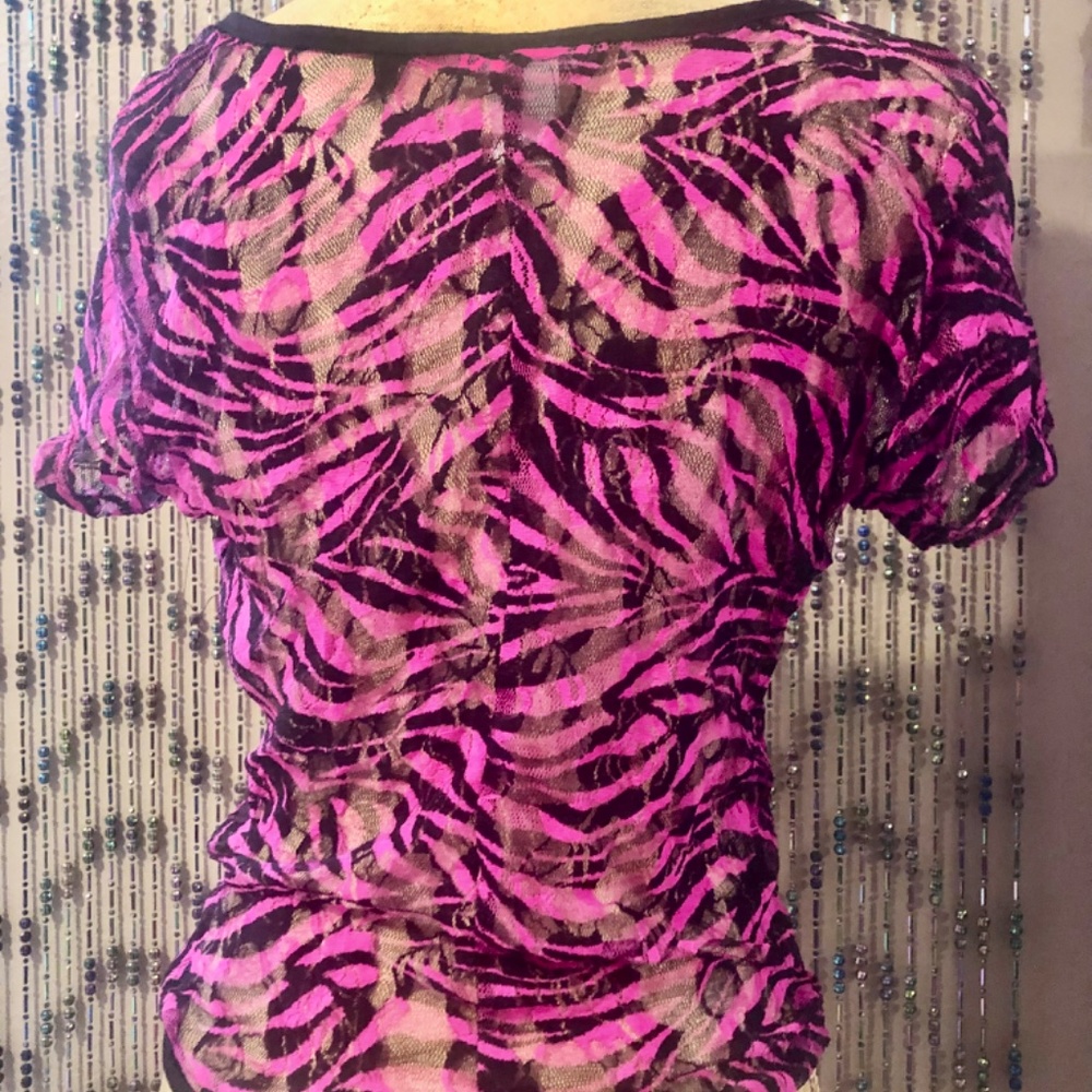 Pink Black Tiger stripe sheer layering T-shirt by deb size large side tie - Picture 4 of 5
